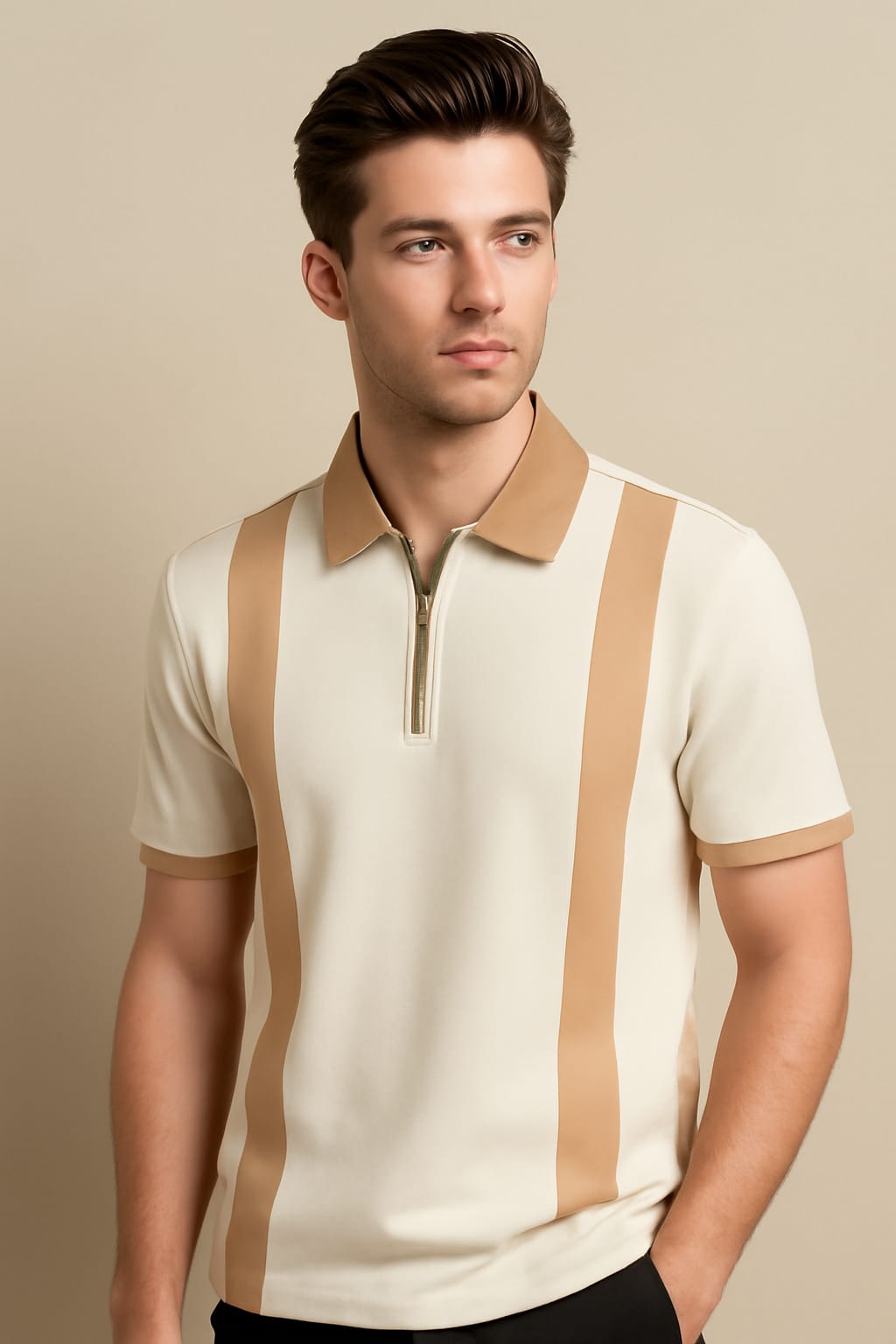 Classic Zip Polo T-Shirt – Retro Beige Contrast Panel for Men