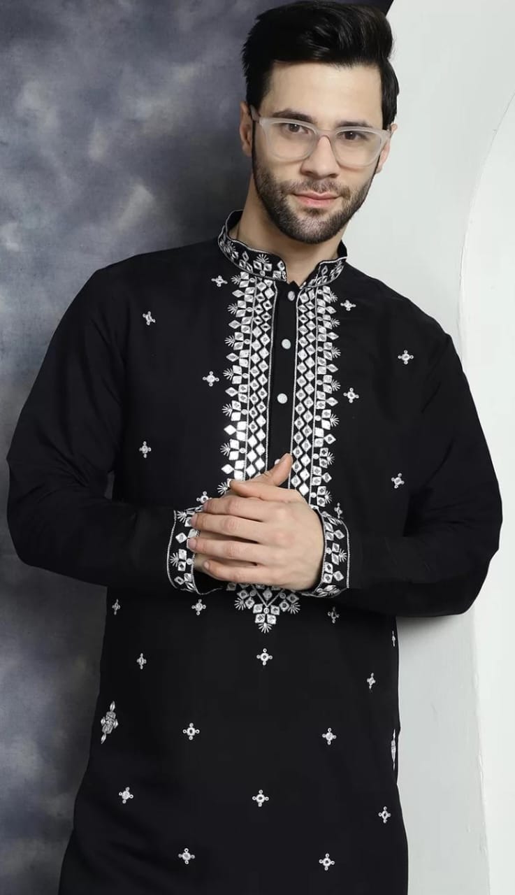 Geometric Embroidered Cotton Silk Straight Kurta with Mirror Work & Mandarin Collar