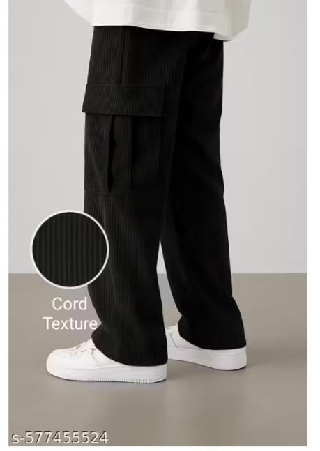 Men’s Black Corduroy Cargo Pants with Drawstring Waist