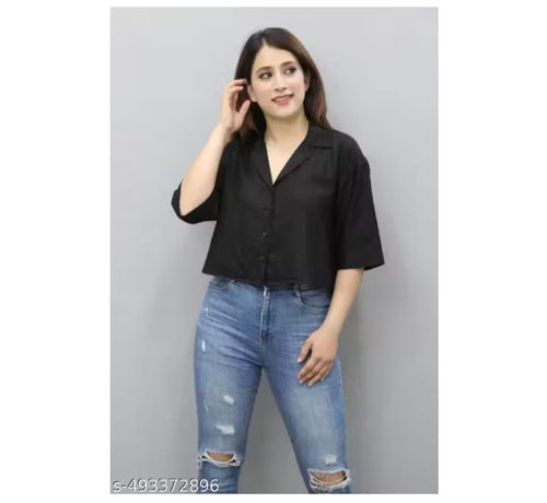 Black Collared Button-Down Crop Shirt.