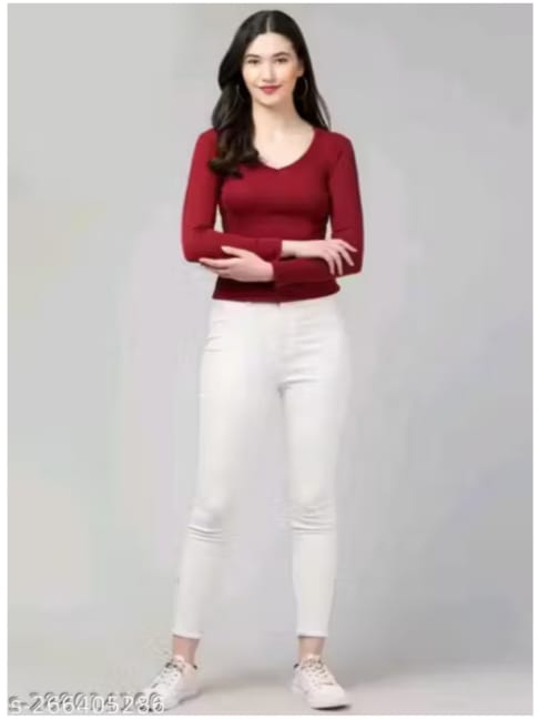 Brown Ribbed V-Neck Full Sleeve Top