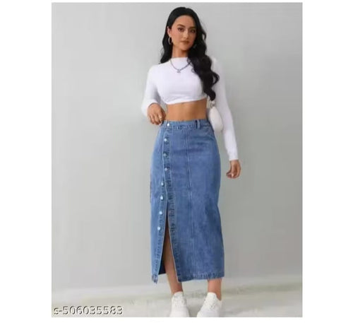 Blue Denim Front-Slit Midi Skirt