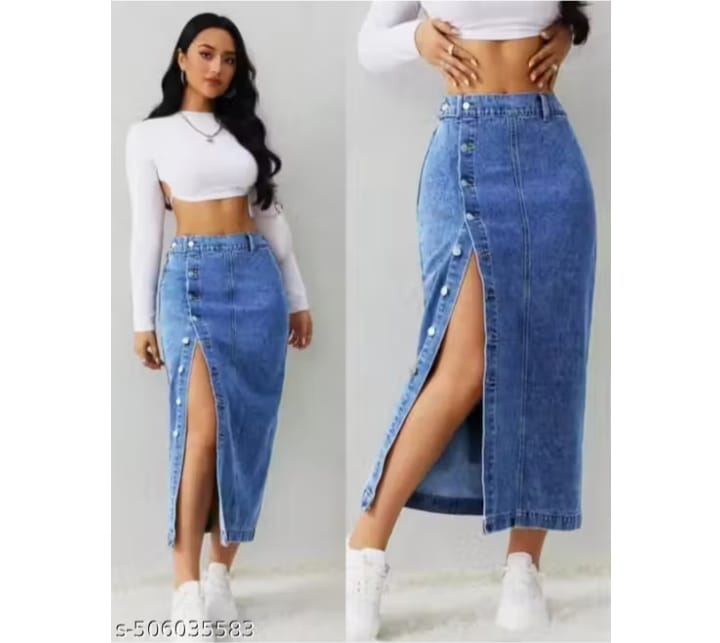 Blue Denim Front-Slit Midi Skirt