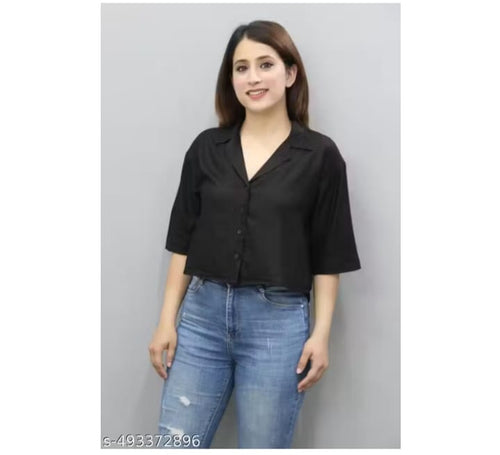 Black Collared Button-Down Crop Shirt.