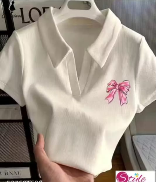 White Cropped Polo T-Shirt with Pink Bow Print