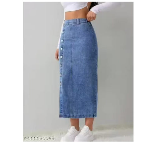 Blue Denim Front-Slit Midi Skirt