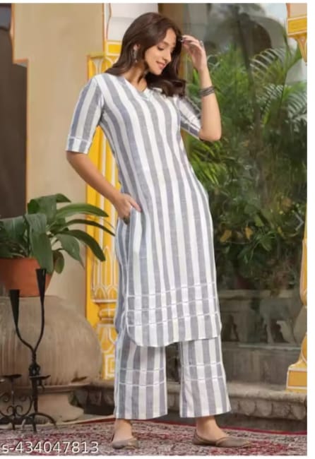 Trendy Grey & White Striped Kurta with Pant Set