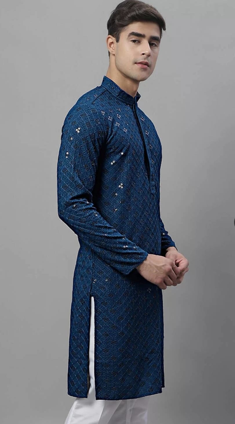 Mandarin Collar Ethnic Motifs Embroidered Chikankari Kurta