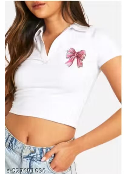 White Cropped Polo T-Shirt with Pink Bow Print