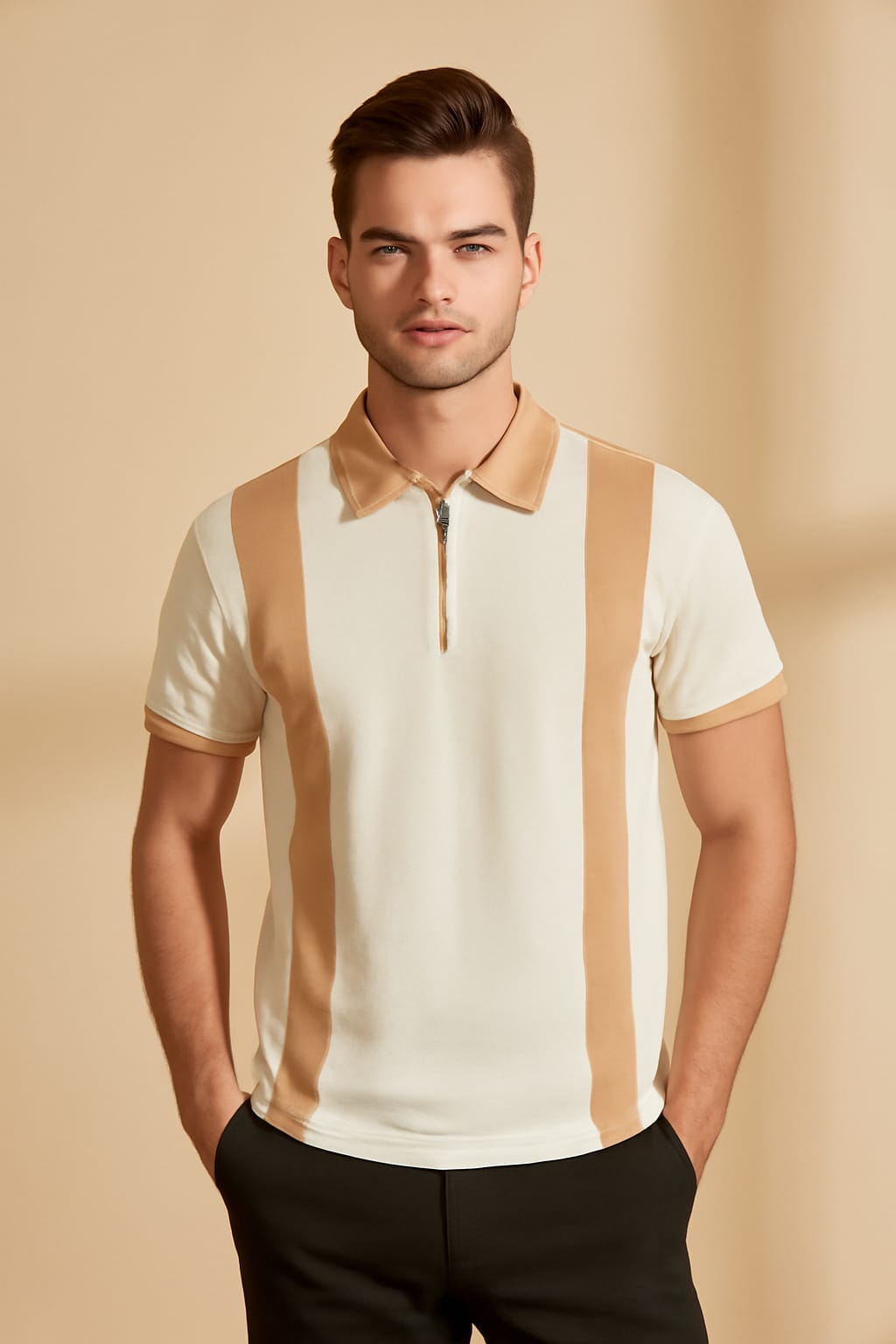 Classic Zip Polo T-Shirt – Retro Beige Contrast Panel for Men