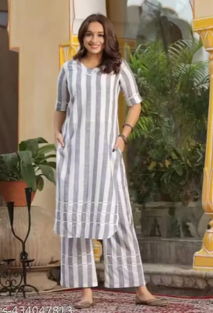 Trendy Grey & White Striped Kurta with Pant Set