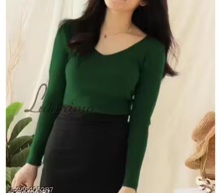 Brown Ribbed V-Neck Full Sleeve Top